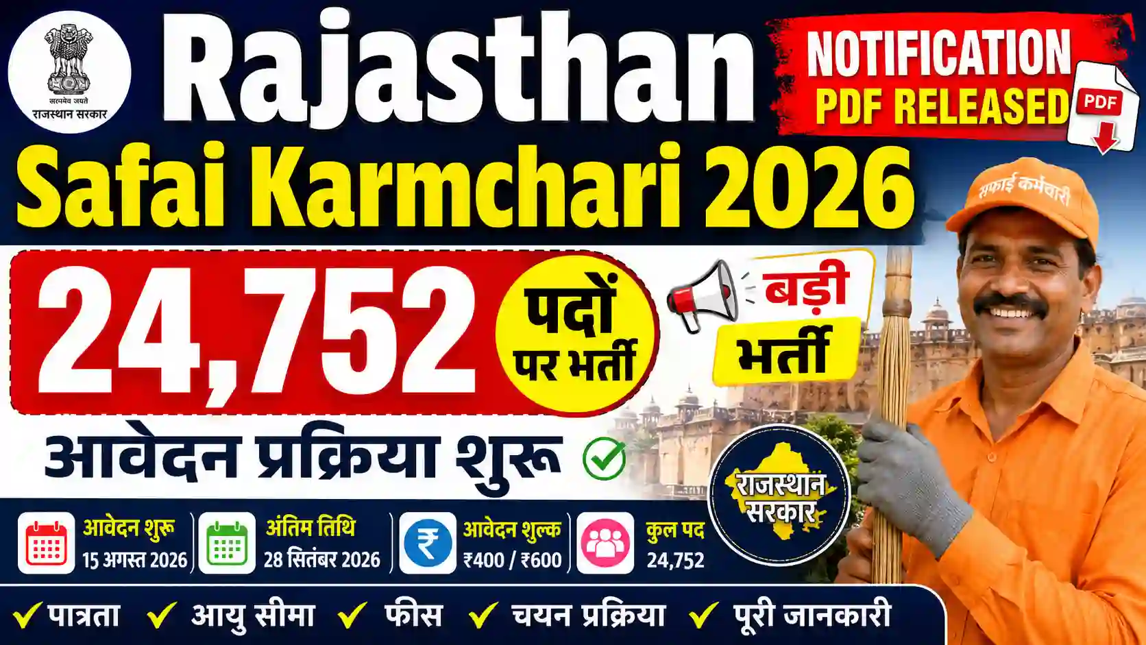 Rajasthan Safai Karmchari 2026 Notification PDF Released – 24,752 पदों पर भर्ती, आवेदन प्रक्रिया शुरू, पात्रता, आयु सीमा, फीस और पूरी जानकारी
